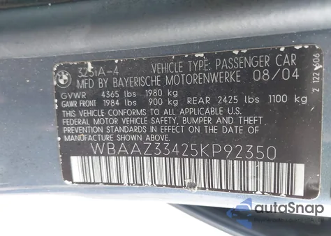 2005 BMW 325I from USA, damaged, VIN WBAAZ33425KP92350